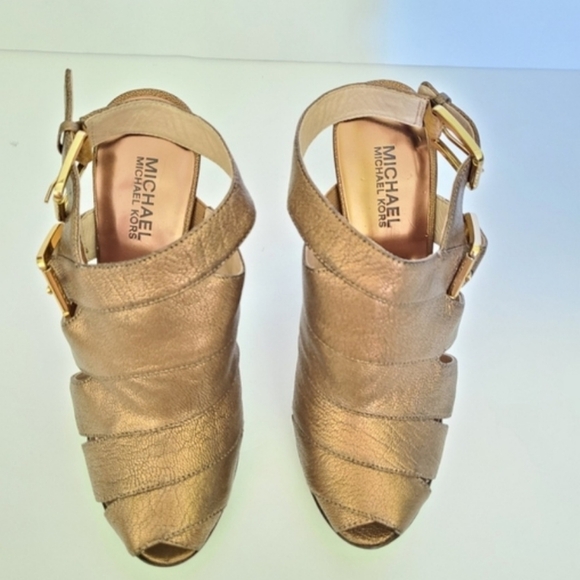 Michael Kors gold leather strappy heels peep-toe sandals - Picture 1 of 6